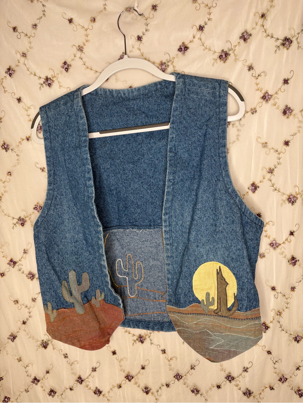 Source Unknown Blue Denim Western Cactus Appliqu Vest